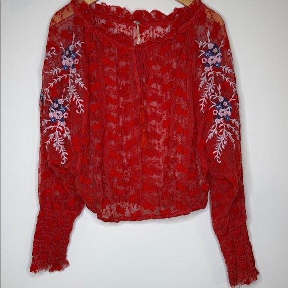 Free People red jubilee floral embroidered sheer peasant top size small - Picture 3 of 12